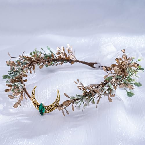 MOSTORY Gold Flower Moon Headpiece - Handmade Fairy Floral Crown Woodland Elf Headband Forest Circlet for Princess Renaissance Fair Halloween Party Wedding Cosplay