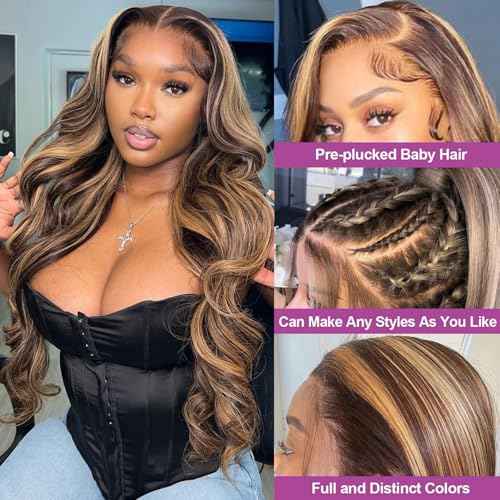 Honey Blonde 360 Lace Front Wigs Human Hair Drawstring Ombre Body Wave Lace Front Wigs Human Hair Pre Plucked 360 HD Full Lace Wig Highlight Glueless Frontal Wigs Human Hair 26 Inch
