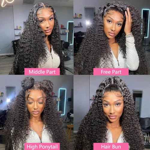 26 Inch Deep Wave Lace Front Wigs Human Hair 13x4 Deep Curly Human Hair Wig Pre Plucked 180% Density HD Transparent Lace Front Wigs for Black Women Natural Black