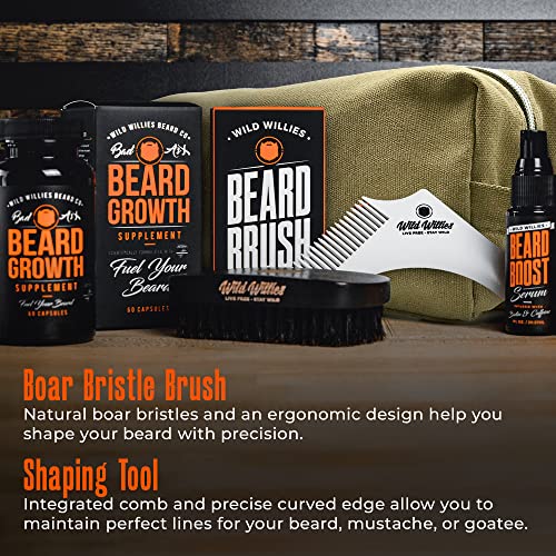 Wild Willies Beard Grooming Kit - Beard Growth Serum, Boar Bristle Brush, Supplement, and Travel Bag