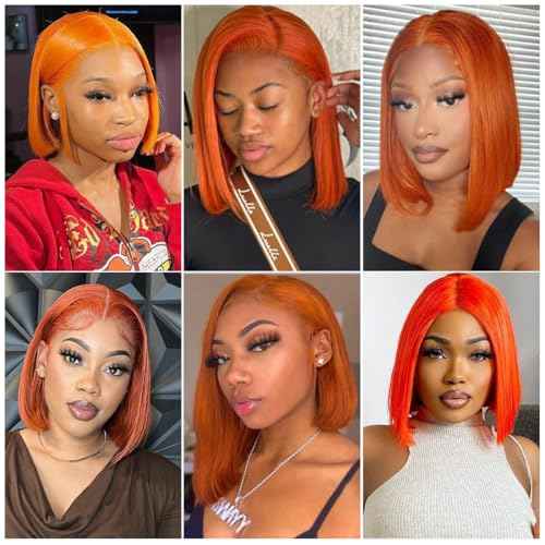 Ginger Orange Bob Lace Front Wigs Human Hair 13x4 HD Transparent Lace Frontal Wigs Pre Plucked Short Bob Wig Straight Wig with Baby Hair #350 Natural Hairline for Black Women 180% Density 10 Inch