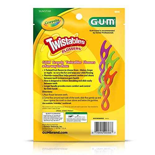 GUM Crayola Twistables Kids Flossers with Fluoride - Designed for Little Hands - Three Fun Fruit Flavors - Easy to Use Kids Floss Picks for Children Ages 3+, 90 Count (Pack of 4)