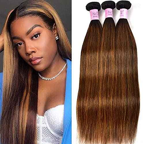 UNice Brown Blonde Straight Human Hair Weave 3 Bundles, Brazilian 100% Virgin Unprocessed Remy Hair Ombre Highlight Color Hair Extensions 100g/pc (10 12 14)