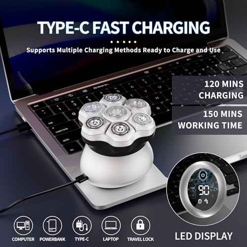 Bald Head Shavers for Men,Magnetic 7D Rotary Electric Shaver Bald Head,Cordless USB-C Rechargeable Face Beard Razors,IPX6 Waterproof Wet/Dry Shaving with LED Display