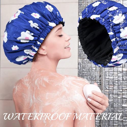 Shower Cap for Women Terry Lined Bath Cap Large Reusable Waterproof Elastic Band Blue Shower Caps for Long Thick Hair Soft Bath Shower Hair Caps