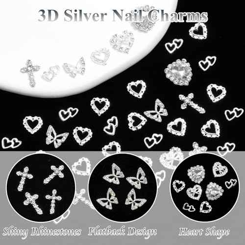 42PCS Silver Nail Charms Crystal Heart Nail Charms 3D Alloy Cross Nail Charms Metal Butterfly Charms Nail Gems Rhinestones for Women Nail Art and DIY Crafts, Small