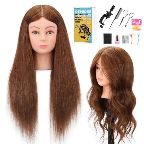24-26¡¯¡¯ Cosmetology Mannequin Head with 100% Real Human Hair, 100% Human Hair Hairdresser Cosmetology Mannequin Manikin Training Head Hair and Free Clamp Holder