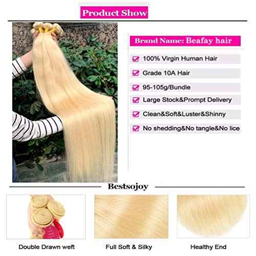 613 Blonde Human Hair Bundles with Closure 100% Brazilian Virgin Straight Bundles with 4x4 Lace Closure 613 Platinum 3 Straight Bundles Human Hair Weave with 4x4 Lace Closure (12 14 16+10)