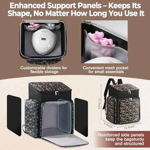 DERSTUEWE Floral Pattern Nail Polish Storage Backpack, Large Capacity Organizer Case with Multiple Compartments, Black