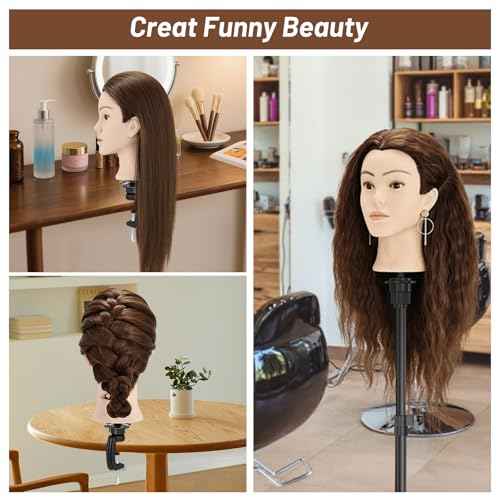 Mannequin Head with 90% Human Hair, 24" Female Real Hair Cosmetology Mannequin Head Hair Styling Manikin Head Doll Head for Hairdresser Practice Training with Clamp Holder and Tools (Brown)