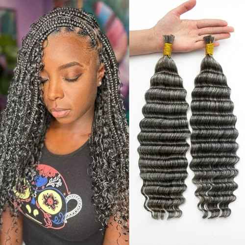 KRN Grey Deep Wave Bulk Human Braiding Hair 2 Bundles/Pack 100g Curly for Boho Braids 12A Salt And Pepper No Weft Wet and Wavy Gray 20 Inch