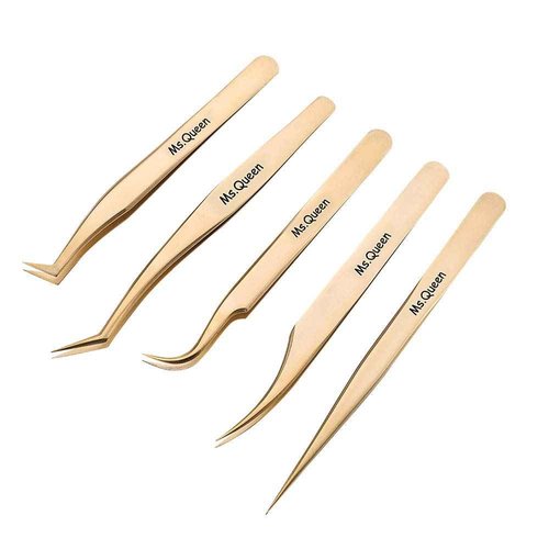 Ms.Queen Eyelash Extension Tweezers-Precision Tweezers for 2D-6D Volume&Individual False Lashes Extensions-Golden-5pcs Tweezers Set