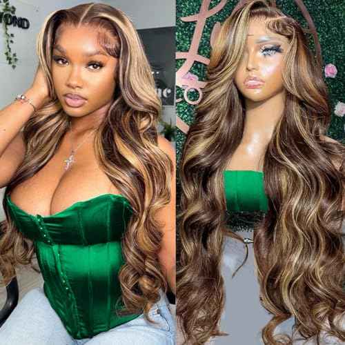 28 Inch Highlight Honey Blonde Lace Front Wig 13¡¿6 Ombre P4/27 Highlight colored Lace Front Wigs Human Hair Pre Plucked Bleached Knots 180% Density