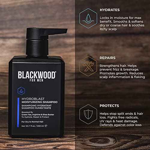 Blackwood For Men Hydroblast Moisturizing Shampoo - Men's Shampoo for Coarse, Dry, & Curly Hair-Infused with Ginseng & Ginger - Natural Vegan Formula -Sulfate Free, Paraben Free & Cruelty Free (7 Oz)