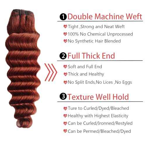 Loose Deep Wave Bundles with Closure Human Hair 12a Reddish Brown 3 Bundles Human Hair with Lace Closure Color 33Copper Reddish Brown Bundles with Closure (Loose Deep Wave 12 14 16 +12free)