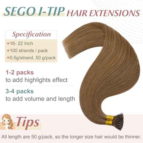 SEGO I Tip Hair Extensions Human Hair Keratin Pre Bonded MicroBeads Tip Balayage Natural Silky Straight Extensions 100 Strands 50g/Pack -18 Inch Light Brown