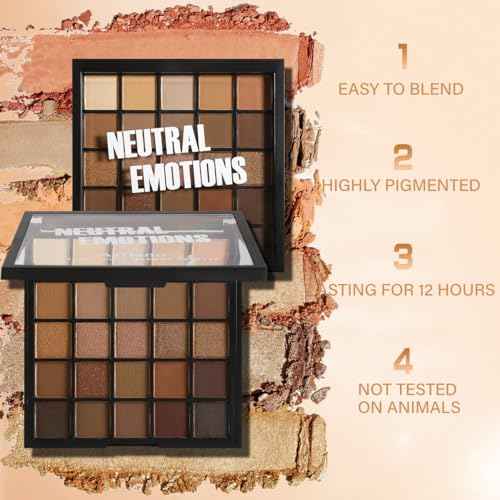 Nude Neutral Eyeshadow Palette, 25 Color Matte Shimmer Brown Gold Eye Shadow Palette, Pigment Naked Smokey Natural Eyeshadow Palette for Brown Eyes, Long Lasting Blendable Hypoallergenic Makeup Pallet