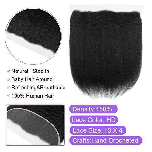 Kinky Straight 13x4 Ear To Ear HD Lace Frontal Closure 20 Inch 12A Brazilian Kinky Straight Human Hair Transparent Frontal Closure 150% Density Natural Hairline Pre Plucked