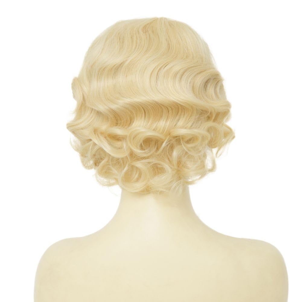 Siudus Blonde Lace Front Finger Wave Wig for Women Short 1920s Curly Wig Natural Synthetic Heat Resistant Fibre Hiar for Cosplay Daily Use