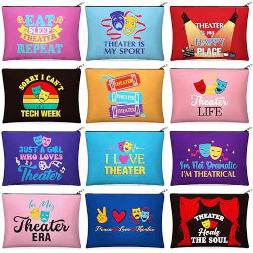 Reginary 12 Pcs Theater Makeup Bags Bulk Theater Gifts for Women Musical Broadway Cosmetic Bags Zipper Pouch Drama Comedy Tragedy Mask Gifts for Theatre Lovers Actors and Students
