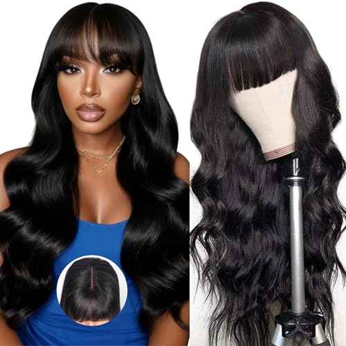 Ruiyu Body Wave 2x4 Lace Front Wigs Human Hair Wigs with Bangs for Black Women Wear and Go Glueless Wig with Bangs 180% Density Closure 100% Brazilian Virgin Human Hair 18 Inch