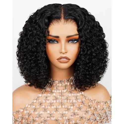 Arabella 5x6 Wear and Go Glueless Wigs Human Hair 210% Density Deep Curly Bob Wig Lace Front Wig Pre-Cut Lace Wigs Pre Bleached Tiny Knots Bob Wig Human Hair(12inch, 5x6 DC Glueless Bob)
