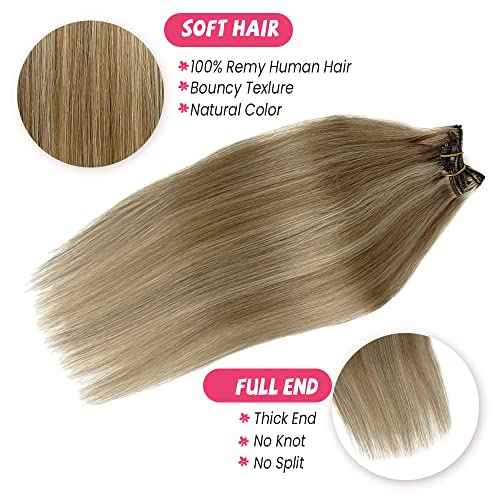 Blonde Clip in Human Hair Extensions Real Remy Natural Hair 20Inch Light Blonde Highlighted Golden Blonde Balayage Clip for Hair Extensions 7 Pieces 70G
