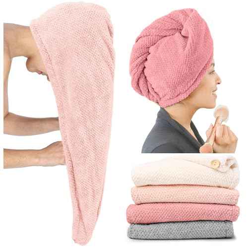 Extra Large 4 Pack Microfiber Hair Towel Wrap for Women Super Absorbent & Quick Dry Hair Drying Towels with Button, Hair Turbans for Curly Hair Long & Short Hair - Anti-Frizz Coral Pink