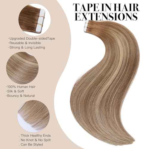 Tape in Hair Extensions £¬Real Human Hair Extension,Bleach and Caramel Blonde Human Hair 22 inch 20pcs 50g,Thick Ends Straight Seamless, Invisible Tape in Hair Extensions Human Hair