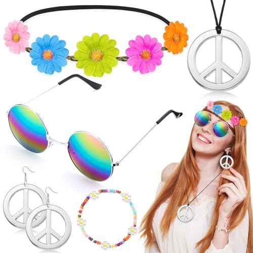 Batiyeer 6 Pcs Hippie Costume Accessories Set, Boho Peace Sign Daisy Flower 60s 70s Party Favors Decor for Groovy Party Women(Sliver)