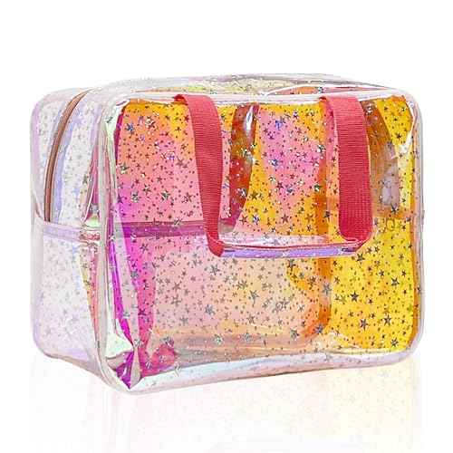 TPU Holographic Clear Star Large Cosmetic Bag and Travel Pouch with Handle,Durable TPU Material,Zipper Design-Ideal for Makeup,Travel Essentials (Holographic pink)