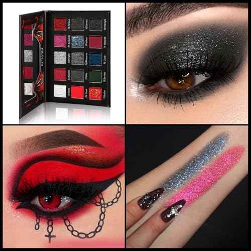 Red black Eyeshadow Palette, Goth Red Eye Shadow Halloween Makeup | Black Sliver Shimmer Glitter Eyeshadow Pallet, Burgundy Smokey Mattlic Cream Matte Eyesahdow for SFX Clown Vampire Christmas Looks