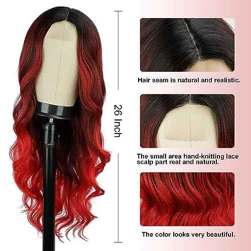 Red Wavy Wig 26 Inch Long Red Ombre Wigs for Women Ombre Red Middle Part Wig Synthetic Heat Resistant for Daily Party Use (Ombre Red 26 Inch)