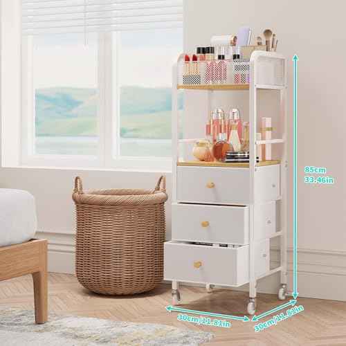 HapiRm Rolling Makeup Cart Organizer - Floor Skincare Make Up Storage with 3 Non-woven Fabric Drawers, Vanity Organizer Cosmetic Display Cases Holder for Skin Care Perfume Nail Polish Brush Hair Tool