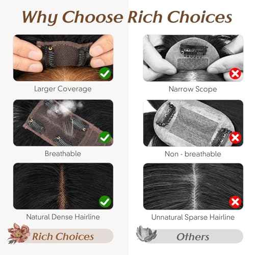 Rich Choices Hair Toppers for Women Real Human Hair 360¡Æ3D Clip in Bangs 100% Remy Human Toppers with Bang for Thinning 150% Density Upgrade Extended 2"*6"Lace Base 12 Inch #01 Jet Black