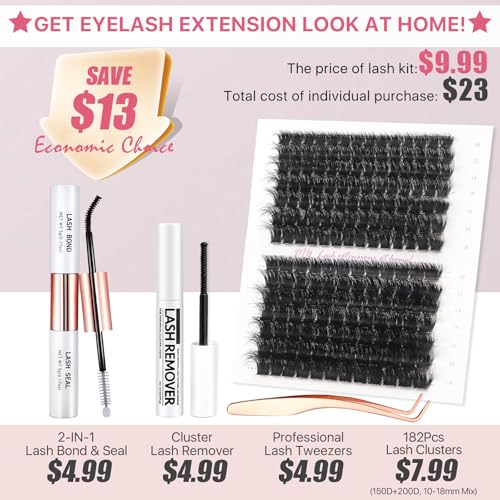 Fluffy Lash Extension Kit 182Pcs Thick Eyelash Extension Kit 10-18mm Volume Cluster Lashes Set with Bond and Seal Tweezers Cluster Remover (150D&200D Kit)