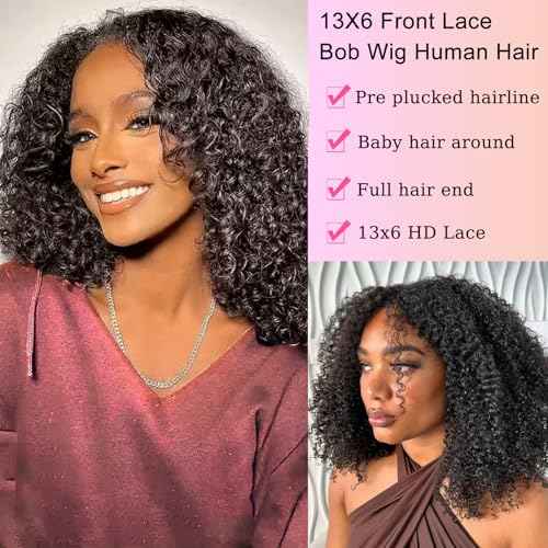 Bob Wig Human Hair 13x6 HD Transparent Lace Front Wigs Deep Curly Frontal Lace Wig Human Hair Pre Plucked Wigs for Women 200% Density Natural Black 18 Inch