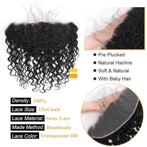 QTHAIR 16A Brazilian Water Wave Human Hair Frontal(22",Natural Black) 150% Density Brazilian Human Hair Water Wave13x4 Ear to Ear Swiss Lace Frontal Pre Plicked Natural Hairline