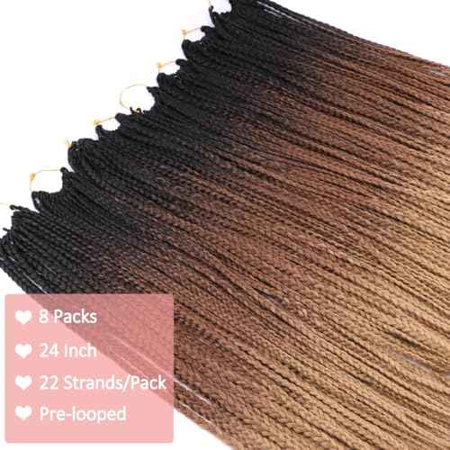 8 Packs Goddess Crochet Box Braids Pre looped Box Braids Crochet Hair for Black Women 24 Inch Knotless Ombre Honey Blonde Senegalese Twist End Box Braided Crochet Braiding Hair Extensions(T1B/4/27#)