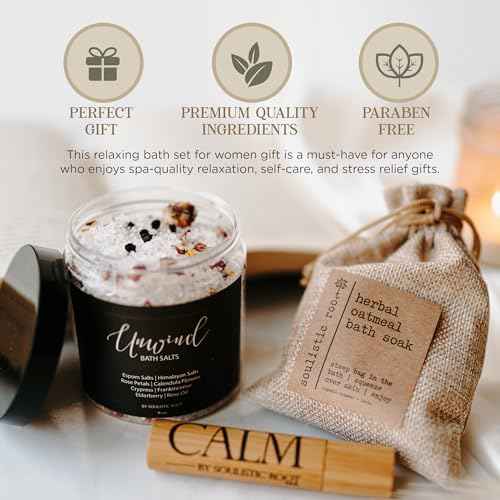 Soulistic Root Relaxing Bath Gift Set, Luxury Spa Gifts for Women, Self Care Products for Women and Men, Calm Essential Oil Roller, Oatmeal Lavender Bath Soak & Epsom Salts with Essential Oils