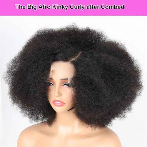 Domiso 13x6 Curly Afro Lace Front Human Hair Wigs Afro Kinky Curly Transparent Lace Front Wigs Deep Parting 200% Density Afro Wigs Knots Bleached Hairline Pre Plucked Natural Black Color 20 Inch