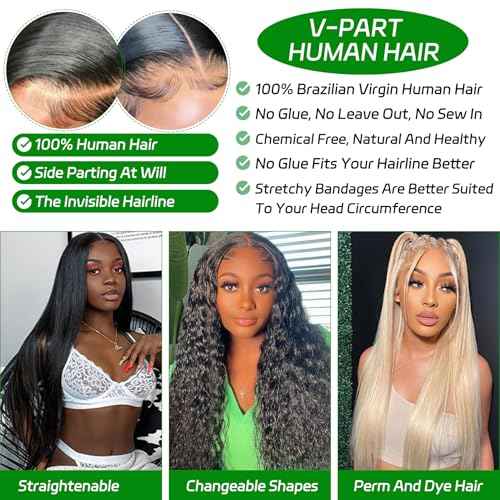 V Part Wig Human Hair Kinky Straight Wig Human Hair For Women Glueless Yaki Straight Half Wigs For Black Women Full Head Clips In No Leave Out Natural Color 150% Density 22 Inch