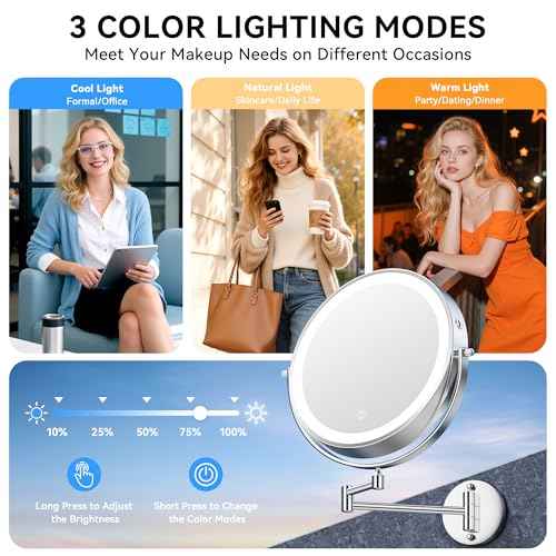 10'' 30X/1X Wall Mounted Lighted Makeup Mirror, 5000mAh Rechargeable Double-Sided Magnifying Mirror with Light, LED Vanity Mirror Touch Dimmable 3 Colors 360¡Æ Rotation Extended Foldable Arm, Chrome