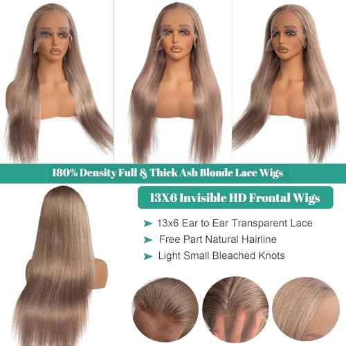 Munx Ash Blonde Wig Human Hair, 13X6 HD Transparent Glueless Wigs Lace Frontal for Black Women Pre Plucked Silky Straight Lace Front Wig Human Hair 180% Density 20Inch