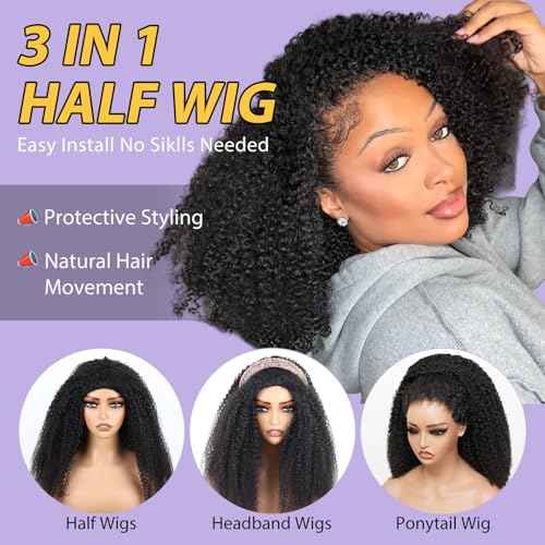 V SHOW Afro Curly Half Wig Human Hair 180% Density Wear Go Glueless Wigs Human Hair 18 Inch Curly 3 In 1 Half Wigs for Women Drawstring Seamless Flip Headband Wig Beginner Friendly