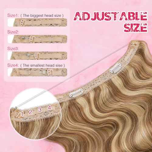 Halo Hair Extensions Real Human Hair, MY-LADY Adjustable Halo Extensions Real Human Hair, 22 inch Golden Brown mix Bleach Blonde Women's Long Wavy Hair Invisible Wire Hair Extensions
