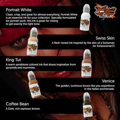 World Famous Portrait Mini Tattoo Ink Pigment Set of 5, Vegan, Professional Supplies, 1oz Bottles, Portrait White, Swiss Skin, King TUT, Venice, Coffee Bean
