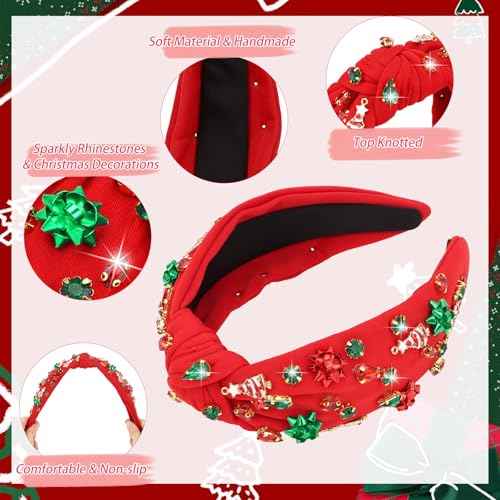 YARIEW Christmas Headbands for Women Christmas Tree Red Green Xmas Bow Jeweled Crystal Xmas Headband Hair Accessories Holiday Decorations