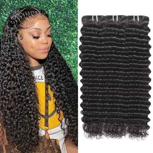 Great Grace 12A Deep Wave Human Hair Bundles 18 20 22 Inch Curly Bundles Human Hair 100% Unprocessed 3 Bundle Brazilian Virgin Human Hair Extensions Quick Weave Natural Black Color