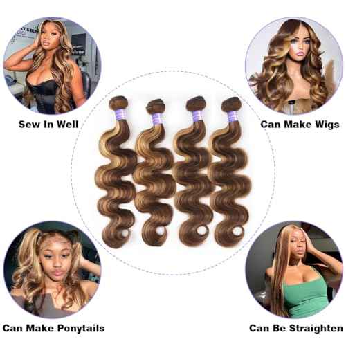 Perstar 4/27 Human Hair Bundles Honey Blonde Body Wave Bundles Human Hair Highlight Brazilian Virgin Hair 14 16 18 20 Inches 100% Unprocessed Human Hair Weft Ombre Piano Color